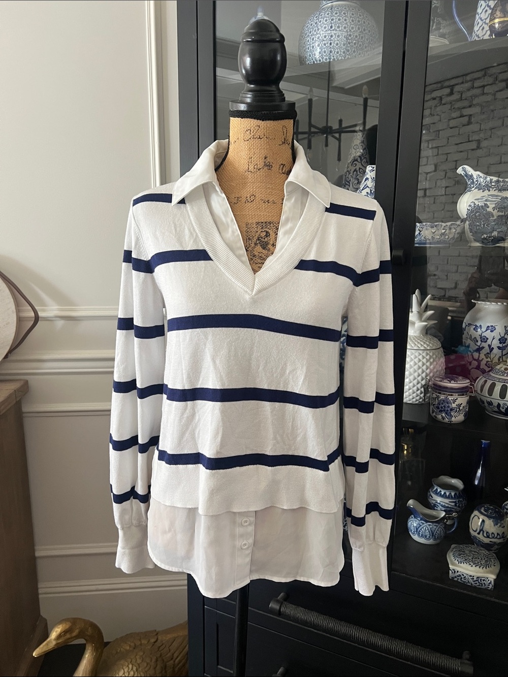 Belldini White and Navy Striped Collared Layered Top
